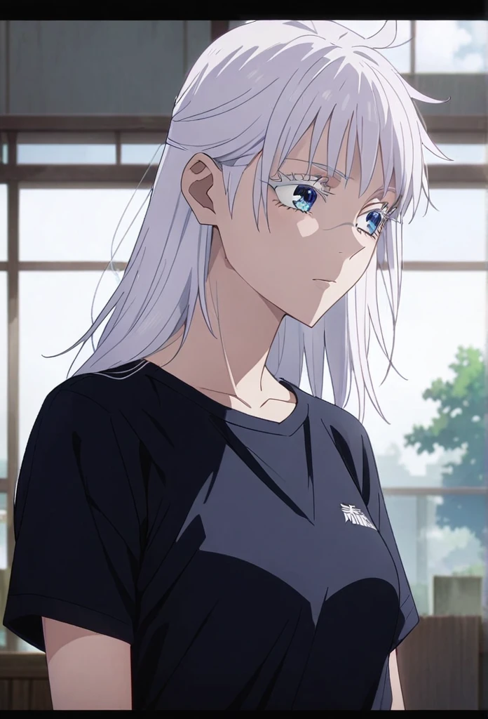 ((Gojo Satoru, female gojo satoru)) Woman, age 18, white hair, hair bangs, (wears round sunglasess) white eyebrows, white eyelash, white eyelashes, detailed eyes, ((blue eyes)), wearing black shirt, high quality, 4k resolution, anime, ((straight hair)) ((white hair)) 