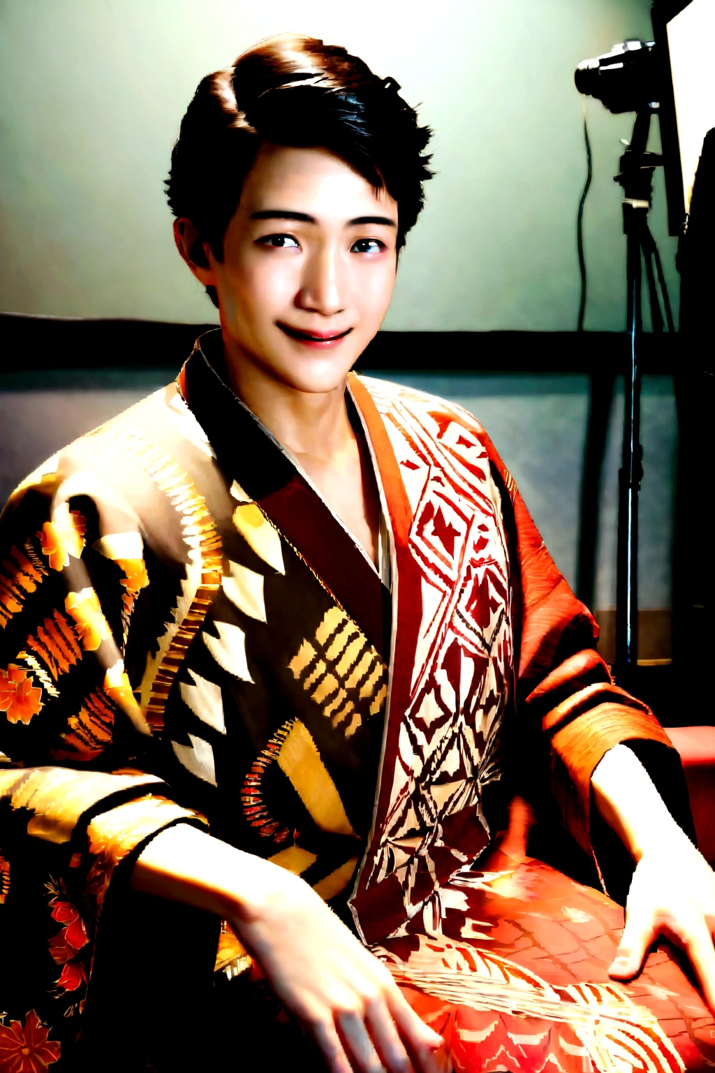 photo of Seridio. A 28 year old man, wearing solo Javanese batik clothes with his , the woman is 26 years old. Wearing graduation gowns, using the same batik, they pose in a sitting position on the sofa in the photo studio with smiling faces. realistic 3d images hd16k