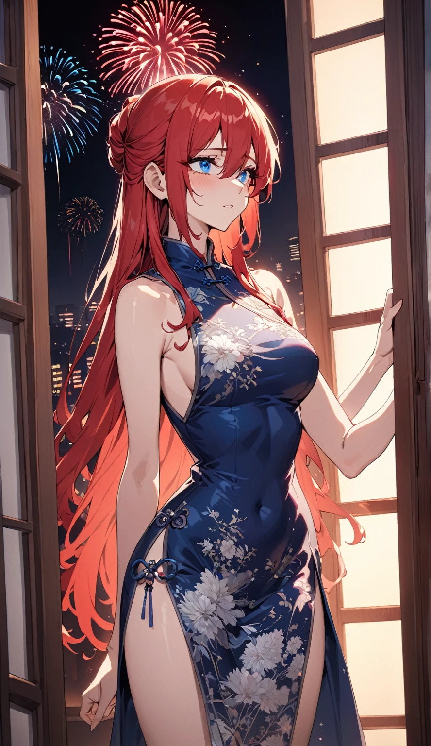 shikimorisan, red hair, long hair, blue eyes, hair between eyes, bangs standing with her front to the camera:wearing an upscale Chinese dress,
Smooth, moisturized and firm skin texture, Tight and seductive outfit,
A corner of the red light district, A dark background that makes the subject stand out, Large windows, The soft light of the lantern,
BREAK (Detailed silk texture:upscale:Gloss:Smoothness:Suppiness),
BREAK Highest Quality, Highest Resolution, Detailed and crisp image quality, 16K, Super Retina,
A gorgeous Chinese dress with a delicate pattern, Adult sex appeal, melancholy, Feeling of weakness, Tie back long hair, Colorful fireworks seen from the window,
Detailed and complex, Colorful, Transparent full color coating, Light and Dark, High Contrast,
BREAK Spectacular fireworks seen from the window, aesthetic,standing straight,full body, body facing front