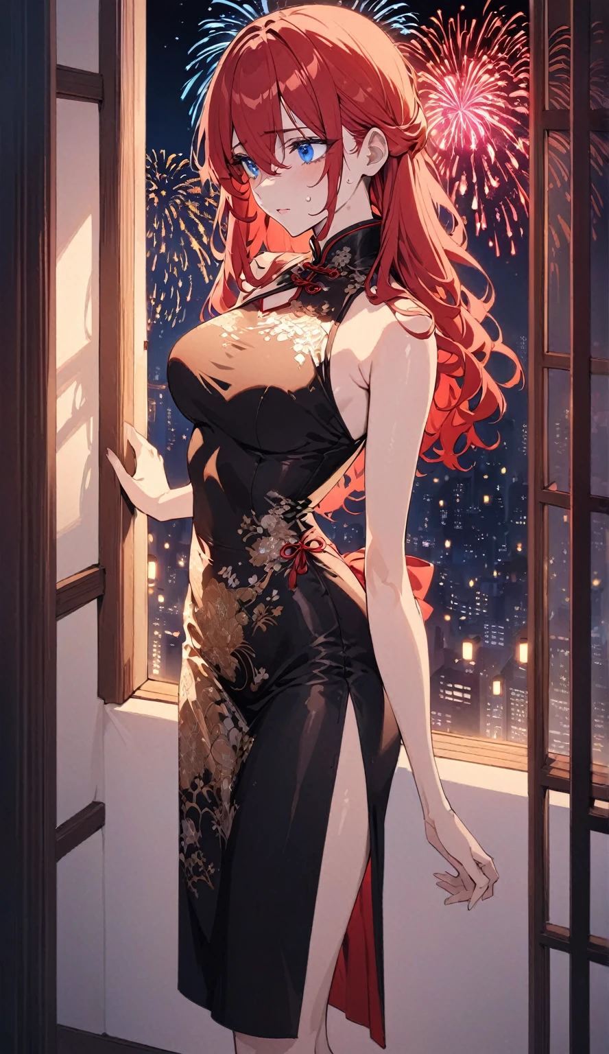 shikimorisan, red hair, long hair, blue eyes, hair between eyes, bangs standing with her front to the camera:wearing an upscale Chinese dress,
Smooth, moisturized and firm skin texture, Tight and seductive outfit,
A corner of the red light district, A dark background that makes the subject stand out, Large windows, The soft light of the lantern,
BREAK (Detailed silk texture:upscale:Gloss:Smoothness:Suppiness),
BREAK Highest Quality, Highest Resolution, Detailed and crisp image quality, 16K, Super Retina,
A gorgeous Chinese dress with a delicate pattern, Adult sex appeal, melancholy, Feeling of weakness, Tie back long hair, Colorful fireworks seen from the window,
Detailed and complex, Colorful, Transparent full color coating, Light and Dark, High Contrast,
BREAK Spectacular fireworks seen from the window, aesthetic,standing straight,full body, body facing front
