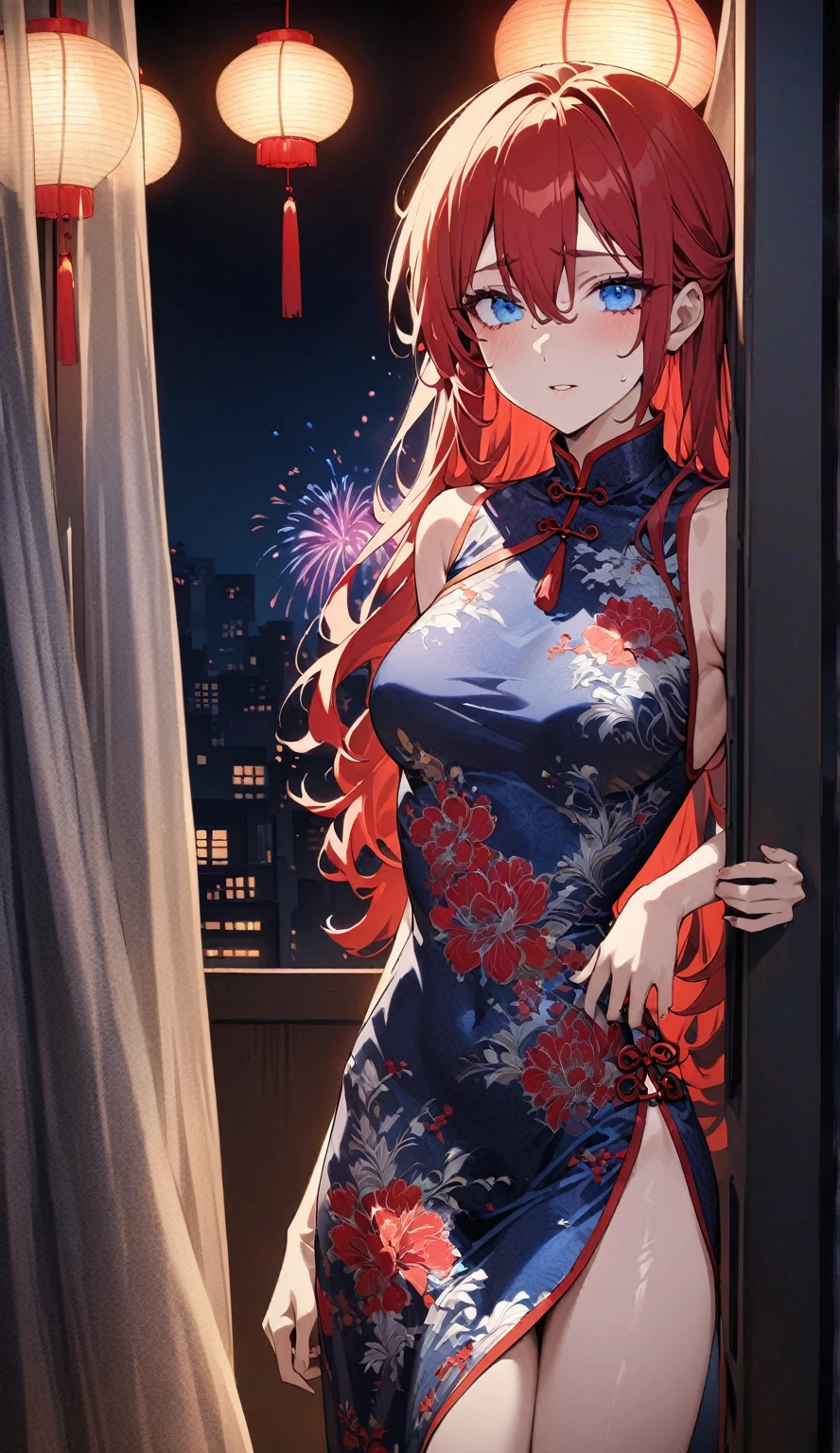 shikimorisan, red hair, long hair, blue eyes, hair between eyes, bangs standing with her front to the camera:wearing an upscale Chinese dress,
Smooth, moisturized and firm skin texture, Tight and seductive outfit,
A corner of the red light district, A dark background that makes the subject stand out, Large windows, The soft light of the lantern,
BREAK (Detailed silk texture:upscale:Gloss:Smoothness:Suppiness),
BREAK Highest Quality, Highest Resolution, Detailed and crisp image quality, 16K, Super Retina,
A gorgeous Chinese dress with a delicate pattern, Adult sex appeal, melancholy, Feeling of weakness, Tie back long hair, Colorful fireworks seen from the window,
Detailed and complex, Colorful, Transparent full color coating, Light and Dark, High Contrast,
BREAK Spectacular fireworks seen from the window, aesthetic,standing straight,full body, body facing front