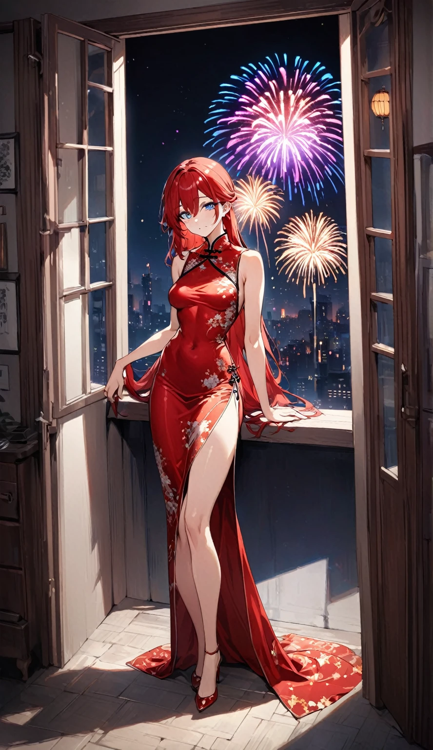 shikimorisan, red hair, long hair, blue eyes, hair between eyes, bangs standing with her front to the camera:wearing an upscale Chinese dress,
Smooth, moisturized and firm skin texture, Tight and seductive outfit,
A corner of the red light district, A dark background that makes the subject stand out, Large windows, The soft light of the lantern,
BREAK (Detailed silk texture:upscale:Gloss:Smoothness:Suppiness),
BREAK Highest Quality, Highest Resolution, Detailed and crisp image quality, 16K, Super Retina,
A gorgeous Chinese dress with a delicate pattern, Adult sex appeal, melancholy, Feeling of weakness, Tie back long hair, Colorful fireworks seen from the window,
Detailed and complex, Colorful, Transparent full color coating, Light and Dark, High Contrast,
BREAK Spectacular fireworks seen from the window, aesthetic,standing straight,full body, body facing front