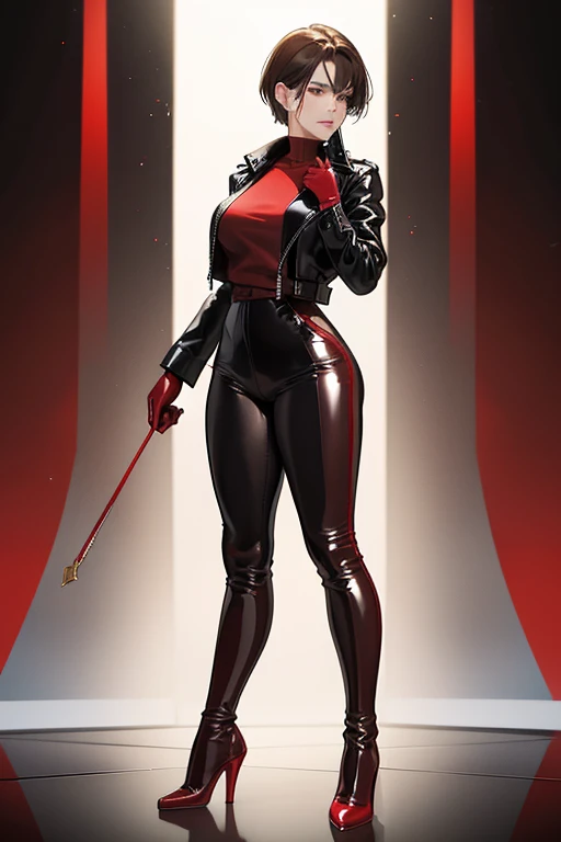 A short-haired mature woman with brown hair is wearing a black leather jacket, red patent leather gloves, red patent leather knee-high boots, and black patent leather leggings, and is crying and protruding her buttocks.