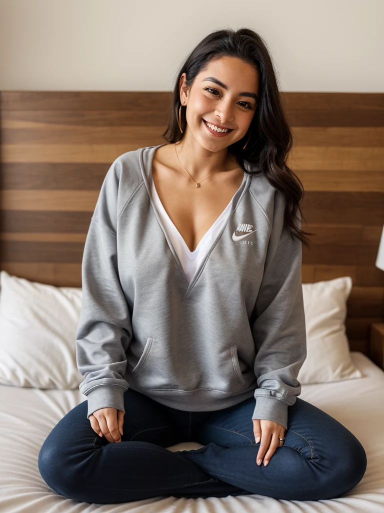 woman who is sitting on her bed in a cross-legged position, she is very cute, she is 28 years old, she has an average chest, she is wearing a gray Nike sweatshirt too big for her, and she looks at the camera smiling, it is a latina who lives in Paris