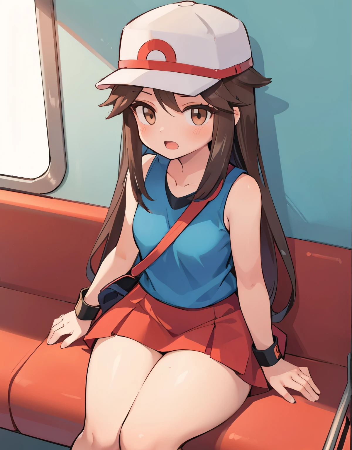 a girl sitting inside a train, open mouth, 1trainerleaf1, sleeveless shirt, black wristbands, visible thighs,thick thighs,red skirt,blue shirt, brown eyes, white hat, hands on thighs, View from above, beautiful and detailed eyes, feminine charm