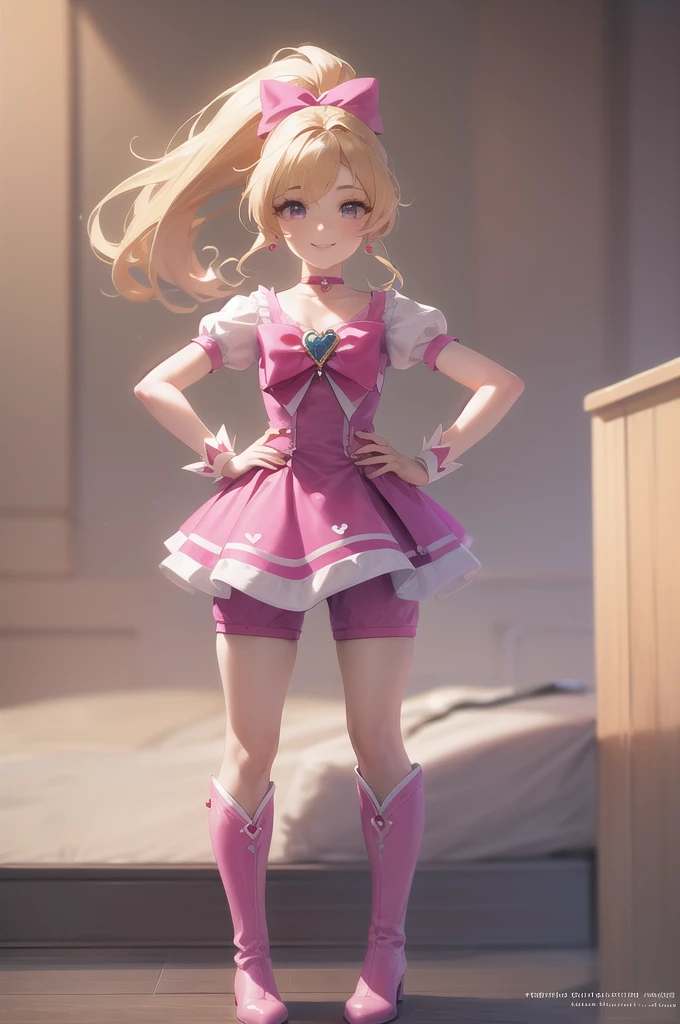 masterpiece, best quality, absurdres, 1girl, solo, CureHeart, blonde hair, long hair, ponytail, magical girl, choker, jewelry, pink dress, pink sleeves, heart brooch, pink bow, purple shorts, knee boots, smile, hands on hips, 