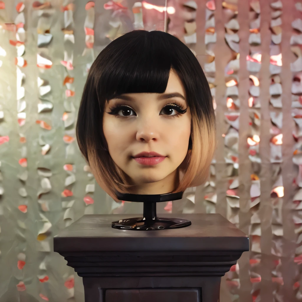 ((Disembodied head)), Belle Delphine head on a pedestal, wearing makeup, eyelashes, long brown hair, detailed skin texture, (realistic), natural lighting, best quality