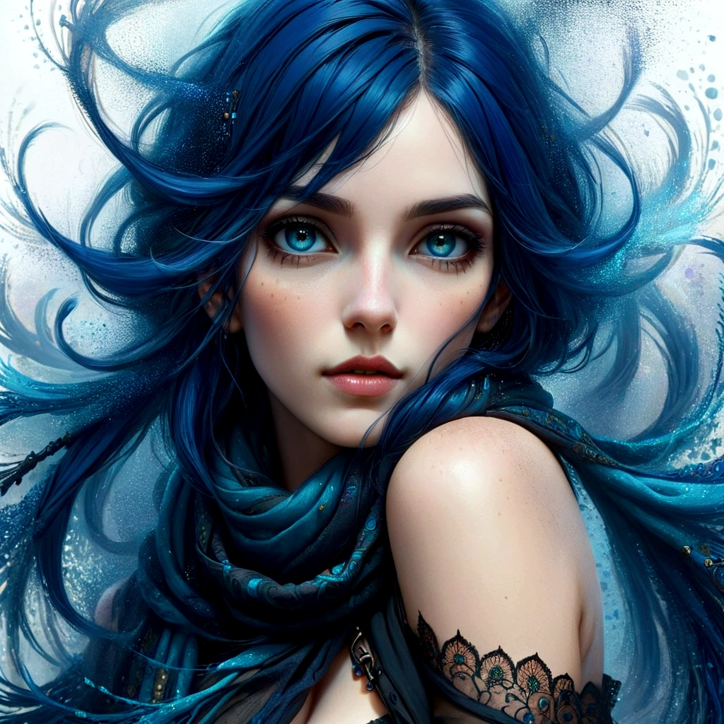 a close up of a woman with blue hair and a scarf, gorgeous digital art, beautiful fantasy art portrait, beautiful gorgeous digital art, cute face. dark fantasy, fantasy art portrait, digital fantasy portrait, beautiful fantasy portrait, in the art style of bowater, gothic fantasy art, stunning digital illustration, stunning digital art, digital art fantasy art, beautiful digital art