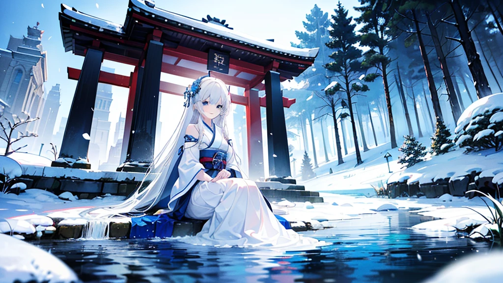 ((best quality,masterpiece,Extremely complex and exquisite details,There is only one beautiful girl with long white straight hair and blue eyes,Smile,long skirt)),(Exquisite light blue and white Japanese clothing,Beautiful bright and exquisite snow-white ancient style architectural background),(correct anatomy,exquisite face),(touch flowers,Snow,Falling Flowers,Majestic and elegant outdoors),((Long-distance full body picture of a single person,Sitting by the lake))