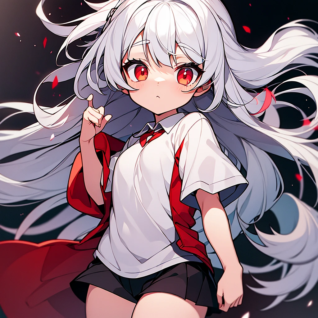 8  girl white hair ,Red eyes(one lens),a loose shirt, short , chubby girl (background a school)