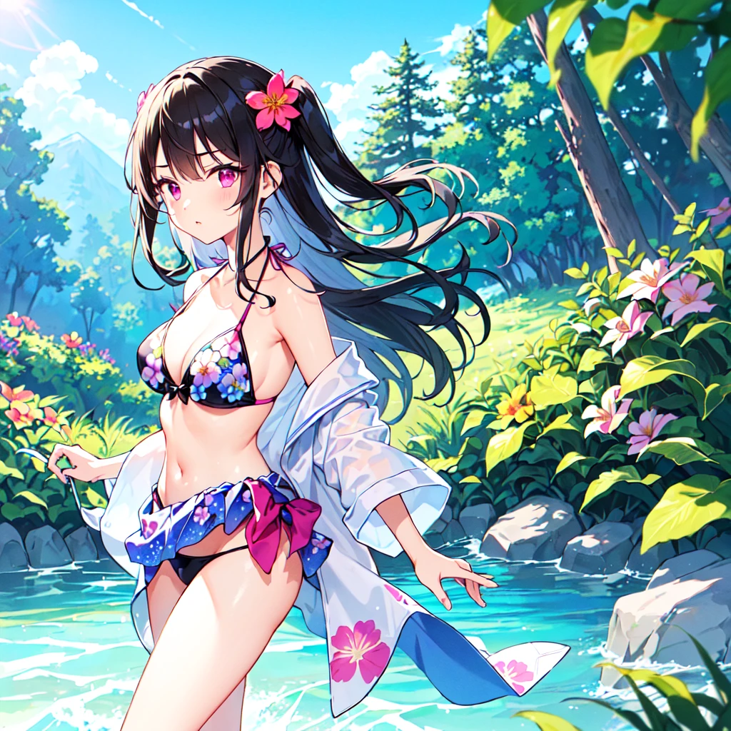 masterpiece, best quality, high quality, extremely detailed, very delicate and beautiful, (1 female 18 years old solo:1.3), (long black hair up to waist with two side up:1.4), bangs to eyebrows, eyes (eyes sharp, strong glossy glossy eyes, eyebrows glossy, (eye color magenta:1.3), 6.5 head height, (bikini swimsuit with summer flower print:1.3), (standing), (dynamic pose), (background summer river and forest:1.3), (blue sky)
