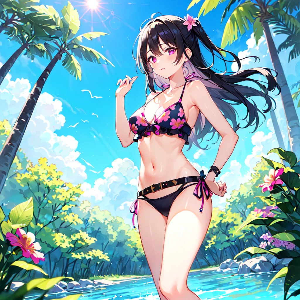 masterpiece, best quality, high quality, extremely detailed, very delicate and beautiful, (1 female 18 years old solo:1.3), (long black hair up to waist with two side up:1.4), bangs to eyebrows, eyes (eyes sharp, strong glossy glossy eyes, eyebrows glossy, (eye color magenta:1.3), 6.5 head height, (bikini swimsuit with summer flower print:1.3), (standing), (dynamic pose), (background summer river and forest:1.3), (blue sky)