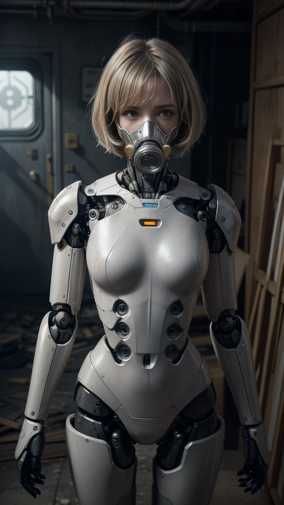 (masterpiece:1.2,high quality), One girl, ((Ultra-Realistic Details)), Global Illumination, Shadow, Unreal Engine, Octane Rendering, 8K, Ultra Sharp, Metal, Complex, Decorations detailed, highly Complex details, Yellow Eyes, (Mechanical body:1.2), Gray Hair, (Black gas mask), Equipment, Bobcut, Hundreds of wires, Terran, (robot, Android:1.15), Apocalypse, Broken Building、Perfect Style、Perfect balance、Fine skin、A gentle gaze、((Delicate painting)),(Detailed RAW photos of girls), (Masterpiece:1.25), (最high quality:1.6), (Ultra-high resolution:1.5), (It's realistic.:1.75), 8K resolution, Canon EOS R5, 50mm, Absurd, Very detailed,Cinema Lighting、