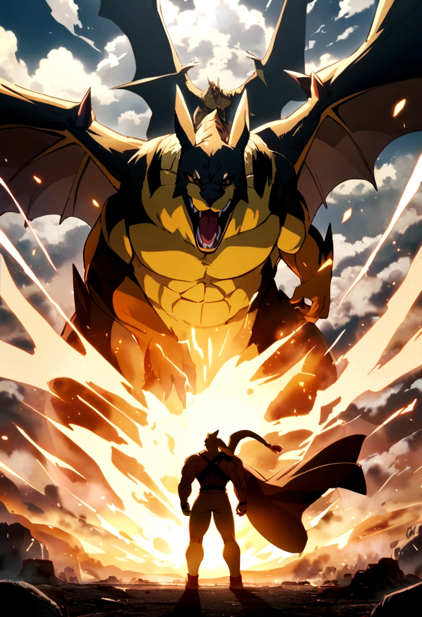 Pikachu have Muscular and fight with Charizard
