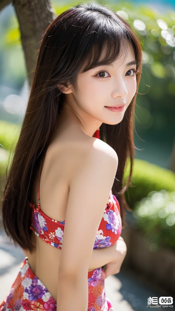 japanes, Beautiful, slender, Cute, 30s, Beautiful face, Beautiful skin, actress, Mature, Upper body, light brown hair, Fine hair, Live action, masutepiece, Best Quality, Very elaborate CG Unity 8K wallpaper, Ultra high definition, (The bikini:1.3), (Natural brown hair: 0.8), (Puffy eyes), looking at audience, Turn around, Bleach Hair, A smile、in a pool、taken from the under、