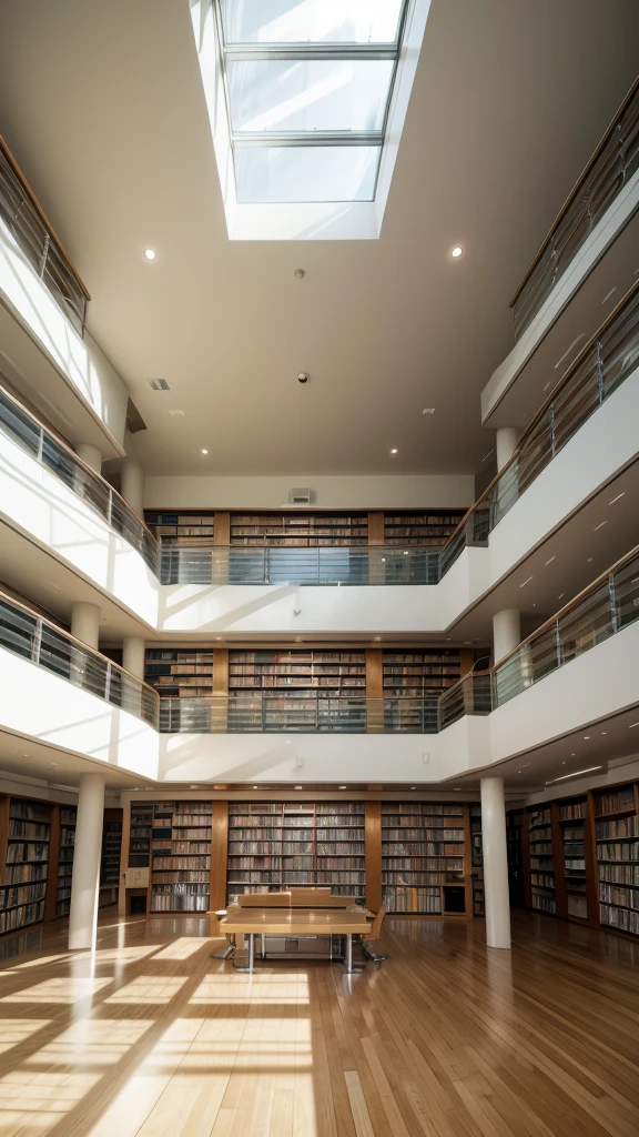 Modern library with philosophy sections: Shelves full of books, clear marking of philosophical sections, bright and modern atmosphere. Use of natural light and symmetrical composition.