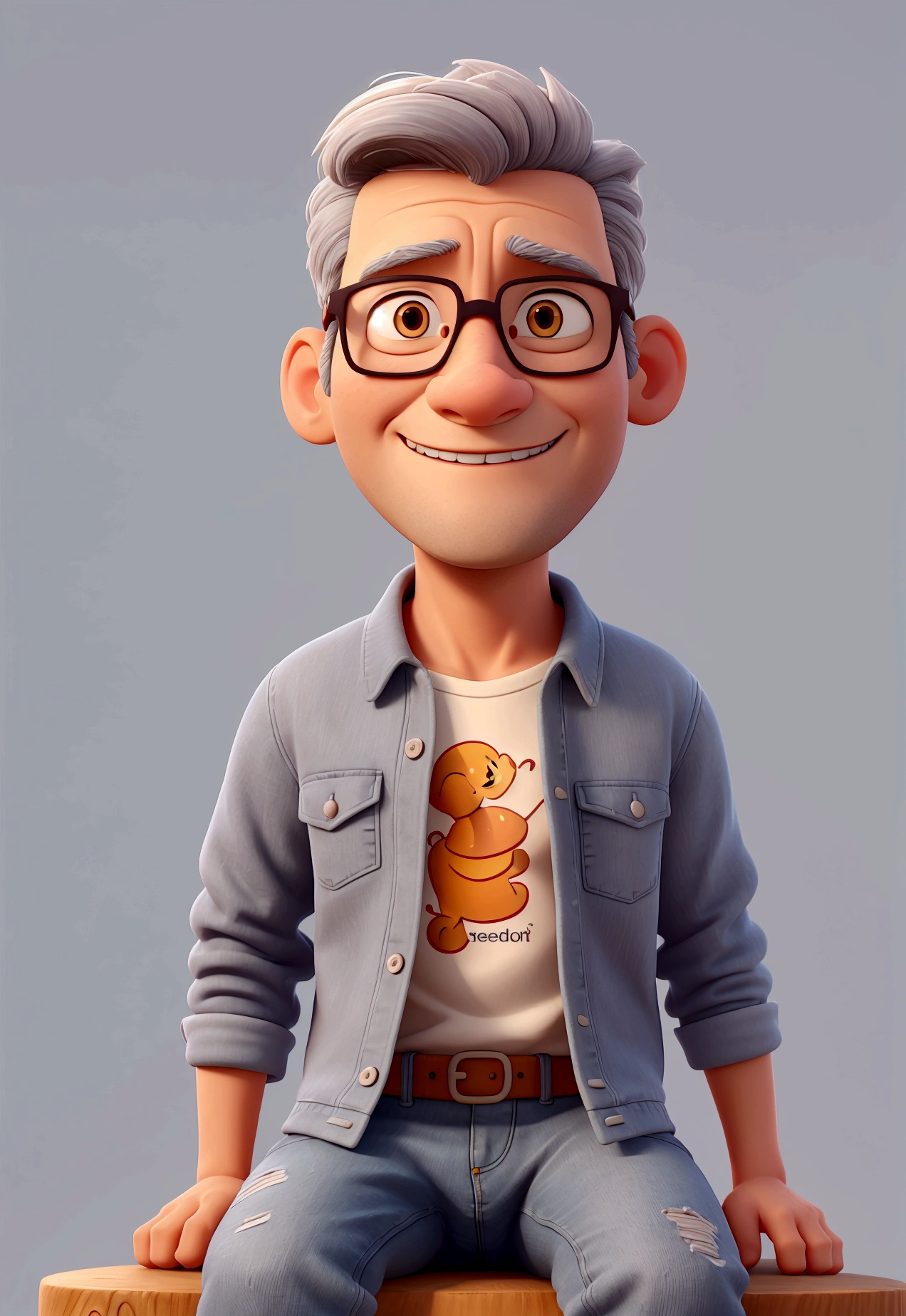 Create a 3D illustration of an animated character sitting casually on top of an "Instagram" social media logo. The character is in his 50s, wears glasses, gray hair and must wear modern casual clothes, such as a denim jacket and sneakers. The background of the image is a social media profile page with the username “alexandre_crystal” and a profile photo that matches the animated character.