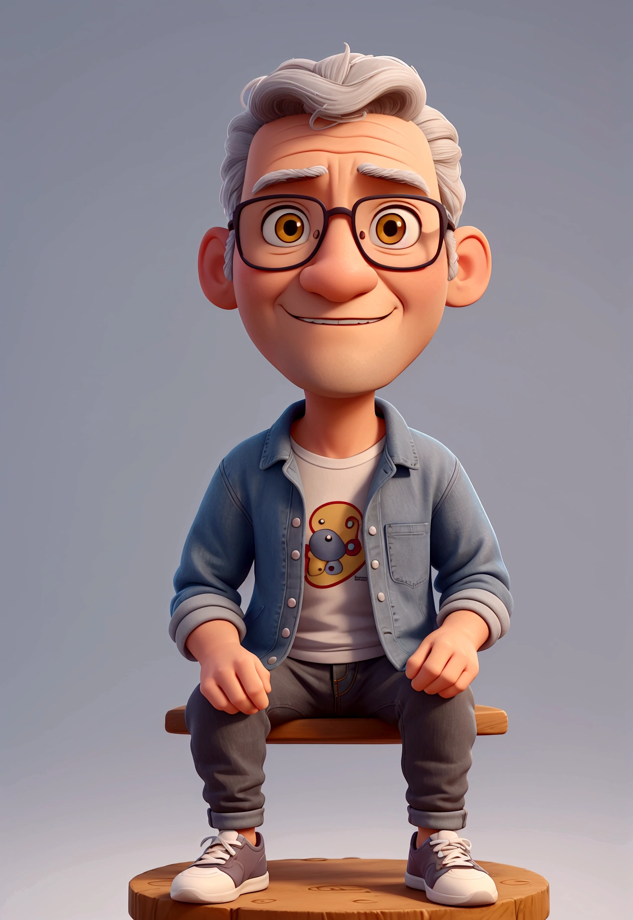 Create a 3D illustration of an animated character sitting casually on top of an "Instagram" social media logo. The character is in his 50s, wears glasses, gray hair and must wear modern casual clothes, such as a denim jacket and sneakers. The background of the image is a social media profile page with the username “alexandre_crystal” and a profile photo that matches the animated character.