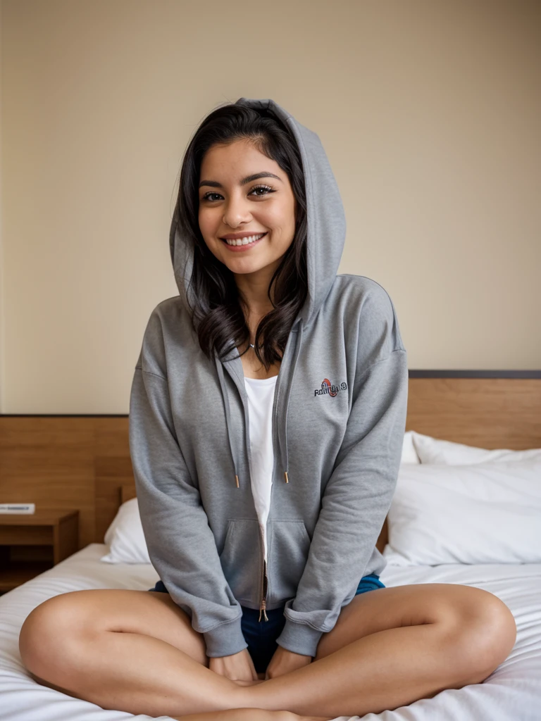woman who is sitting on her bed in a cross-legged position, she is very cute, she is 28 years old, she has an average chest, she is wearing a gray hoodie without marks too big for her, and she looks at the camera smiling, she is a Latina who lives in Paris