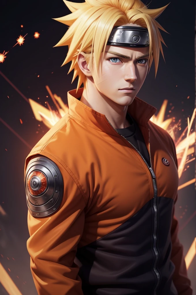 Hot profile picture, masterpiece, extremely accurate rendering, cool handsome Naruto, blond hair, looking at viewer, solo, reliable, savior of the world, simple design, beautiful image best, 8K, light red eyes, original orange clothing style according to the characters in the story, reflecting the red and purple sparks on the chest.