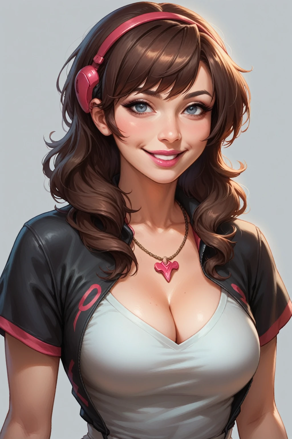 Brown Haired girl, red headphone in hair, blue-grey eyes, intense look, black eyeliner, brown necklace, cleavage, medium breast, pink lips, little smiling, sweet girl. Grey background. Masterpiece, detailed, UHD