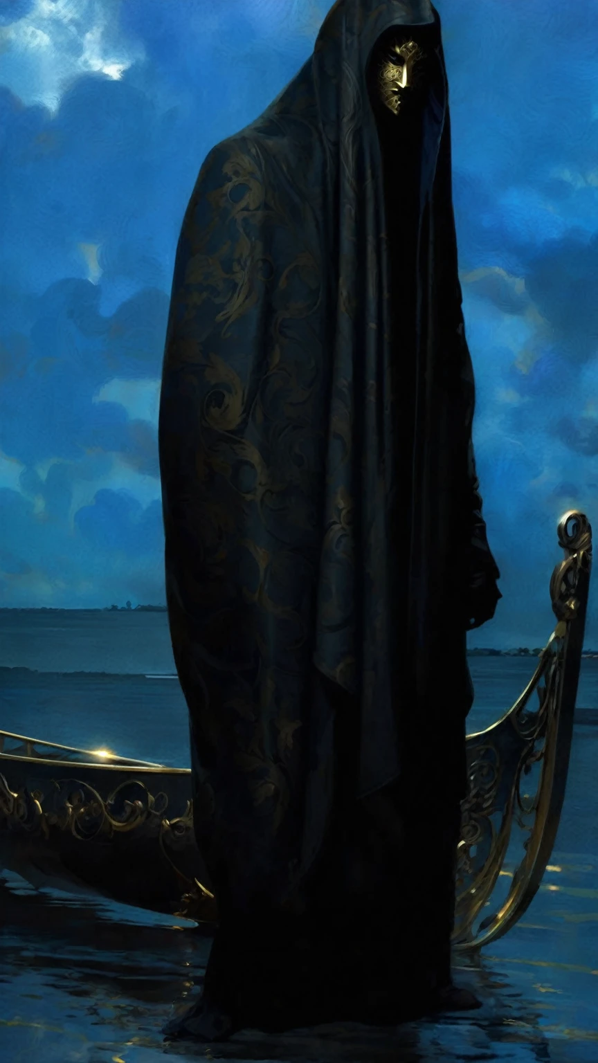 a golden masked figure, dramatic dark clouds, moody atmospheric lighting, intricate ornamental details, highly detailed, 8k, photorealistic, dark fantasy, cinematic, chiaroscuro lighting, dramatic shadows, golden accents, ominous atmosphere, striking contrast, muted color palette