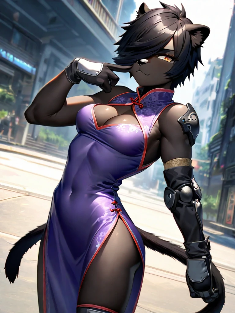 Ultra detailed, HDR, furry, ((anthropomorphic black panther)), ((black fur)), 27 years old, very short black hair with bangs covering one eye, dark brown eyes, ((wearing a purple chinese dress with one exposed leg and cleavage)), standing, smirking, skinny, ((knee pads)), ((elbow pads)), ((silk finger-less gloves)), black cat tail