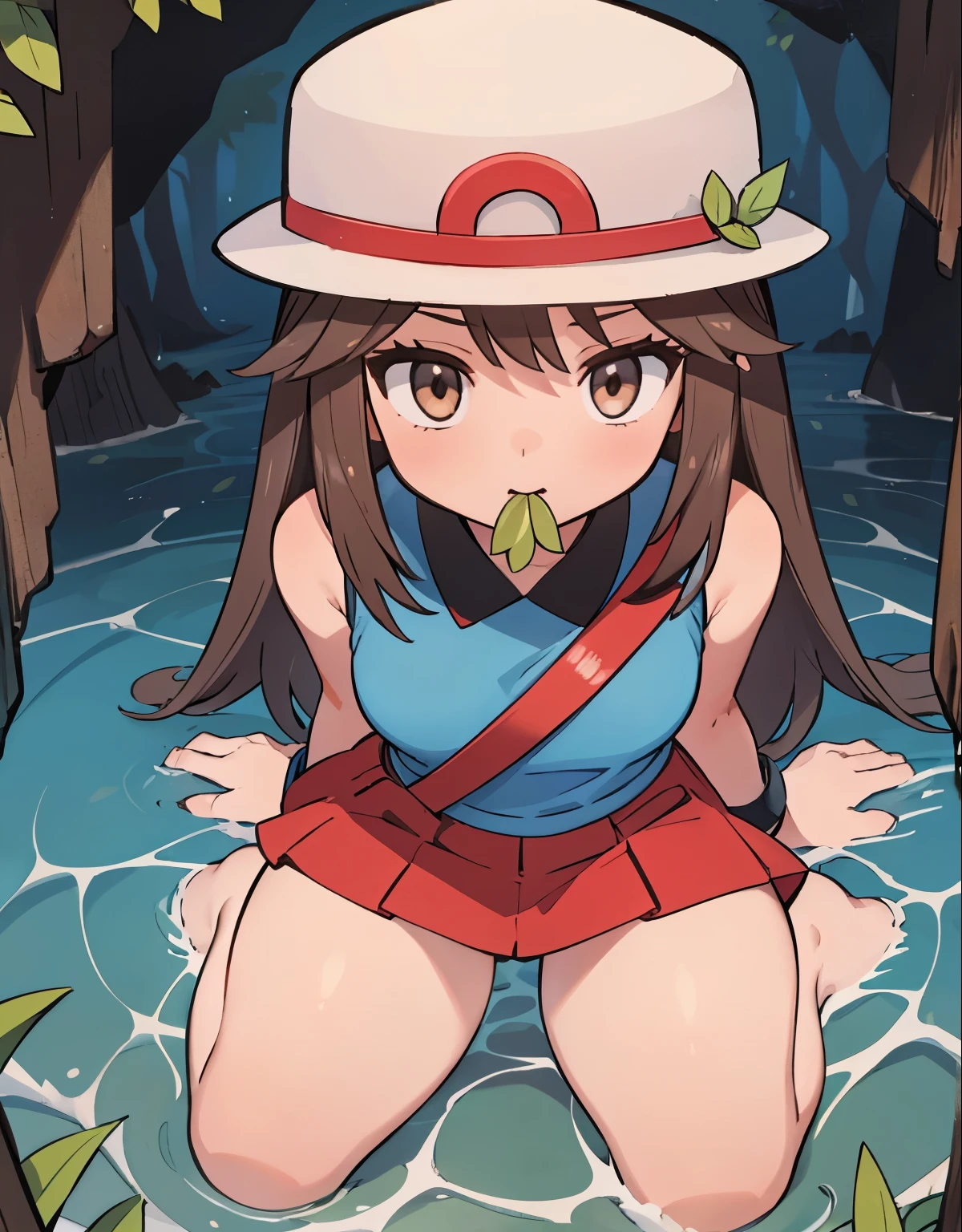 a girl on her knees with her mouth open, 1trainerleaf1, sleeveless shirt, black wristbands, visible thighs,thick thighs,red skirt,blue shirt, brown eyes, white hat, lift skirt, white panties, inside a deep cave, View from above, beautiful and detailed eyes, feminine charm