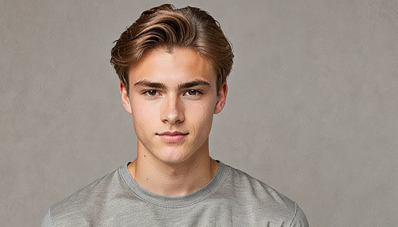 "Create an image of a young man with light brown hair, short and combed to the side, Wearing a gray t-shirt. The young person must have a neutral facial expression and be looking directly at the camera. In the background of the young man a solid neutral color"