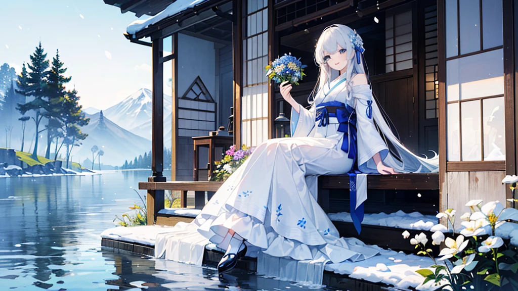 ((best quality,masterpiece,Extremely complex and exquisite details,There is only one beautiful girl with long white straight hair and blue eyes,Smile,long skirt)),(Exquisite light blue and white Japanese clothing,Beautiful bright and exquisite snow-white ancient style architectural background),(correct ,exquisite face),(touch flowers,Snow,Falling Flowers,Majestic and elegant outdoors),((Long-distance full body picture of a single person,Sitting by the lake))