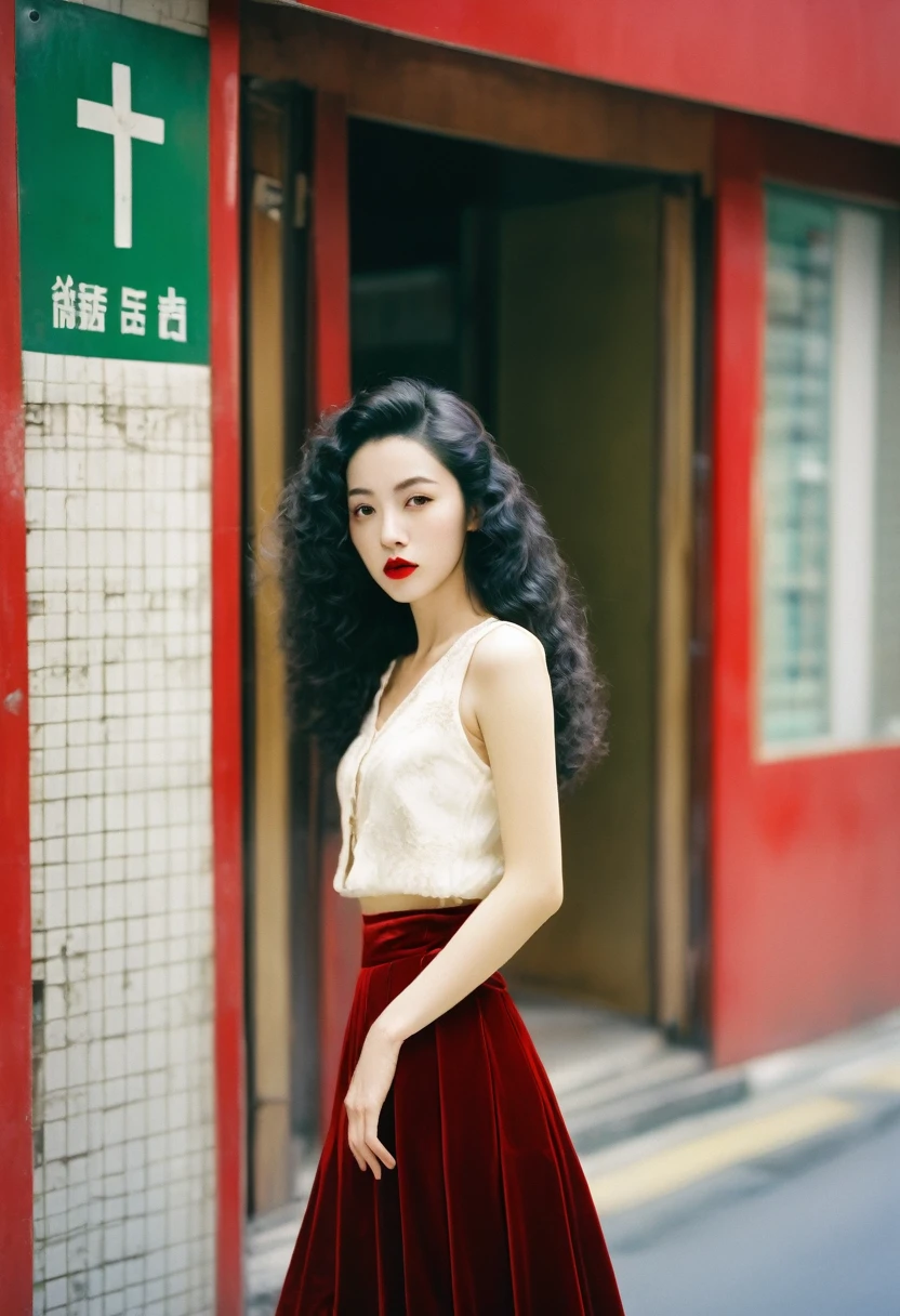 Long black curly hair, red lips, wearing a vintage red velvet skirt, blurred background, vintage Hong Kong cross street, street sign, green roller shutter door, white tile, 2046, Wong Kar Wai Cinematic Style, fashion photography, film filter
