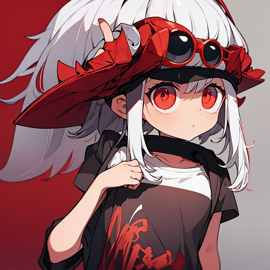 8 year old girl white hair ,Red eyes(one lens),a loose shirt, short , chubby girl (background a school)*