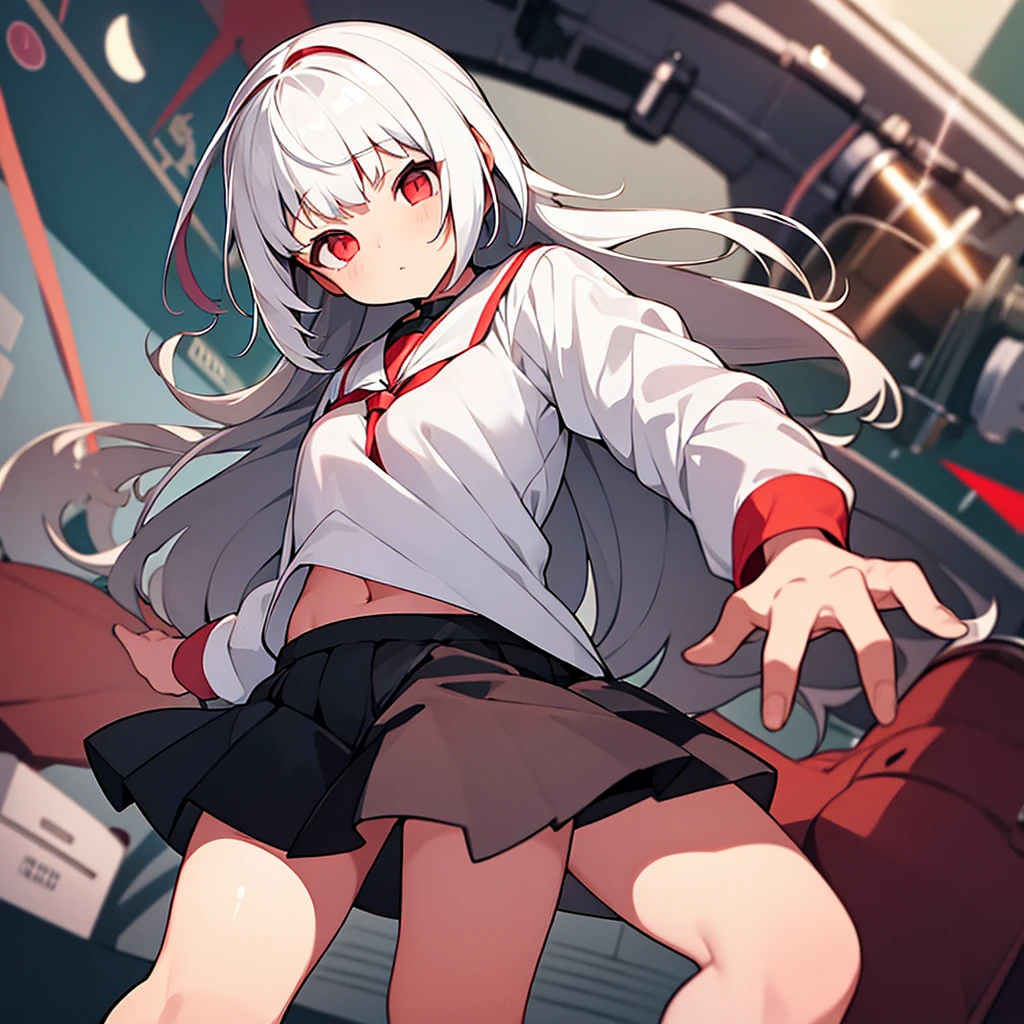 8  girl white hair ,Red eyes(one lens),a loose shirt, short , chubby girl (background a school)