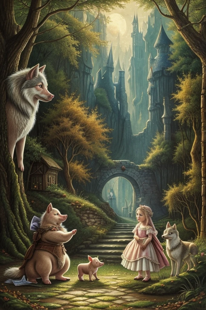 A picture of a little pig and a wolf in a fairy tale style.