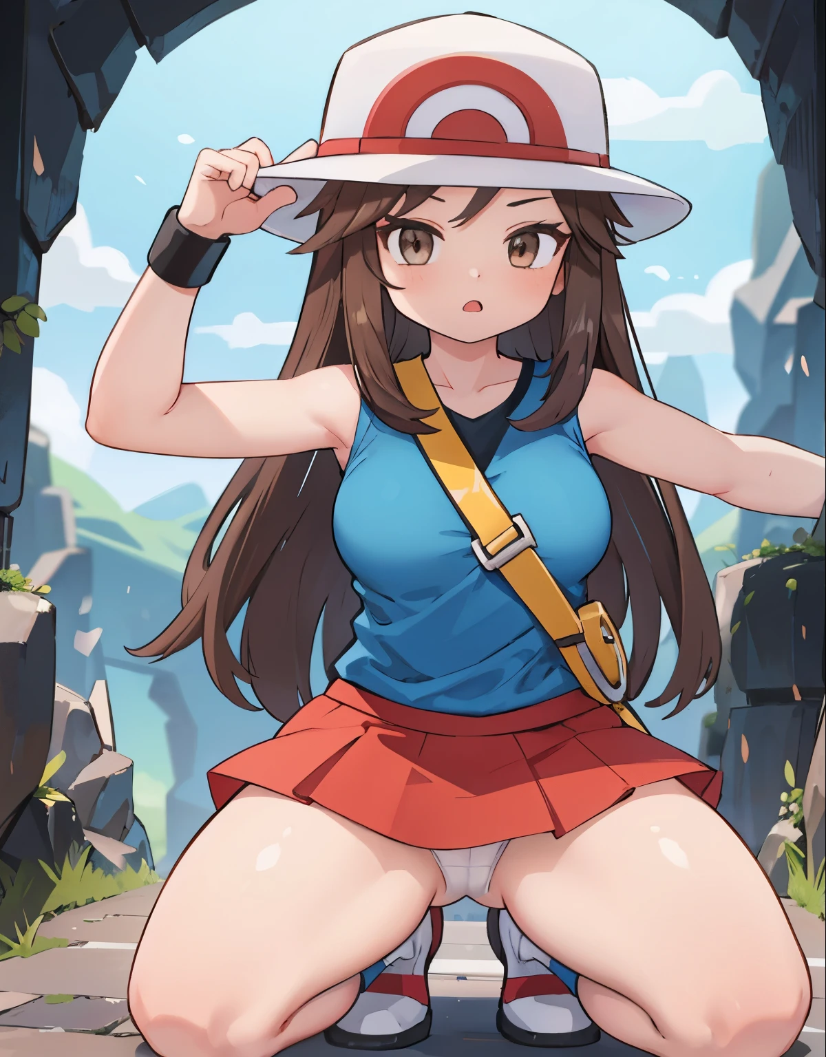 a girl on her knees with her mouth open, 1trainerleaf1, sleeveless shirt, black wristbands, visible thighs,thick thighs,red skirt,blue shirt, brown eyes, white hat, lift skirt, white panties, inside a deep cave, View from above, beautiful and detailed eyes, feminine charm