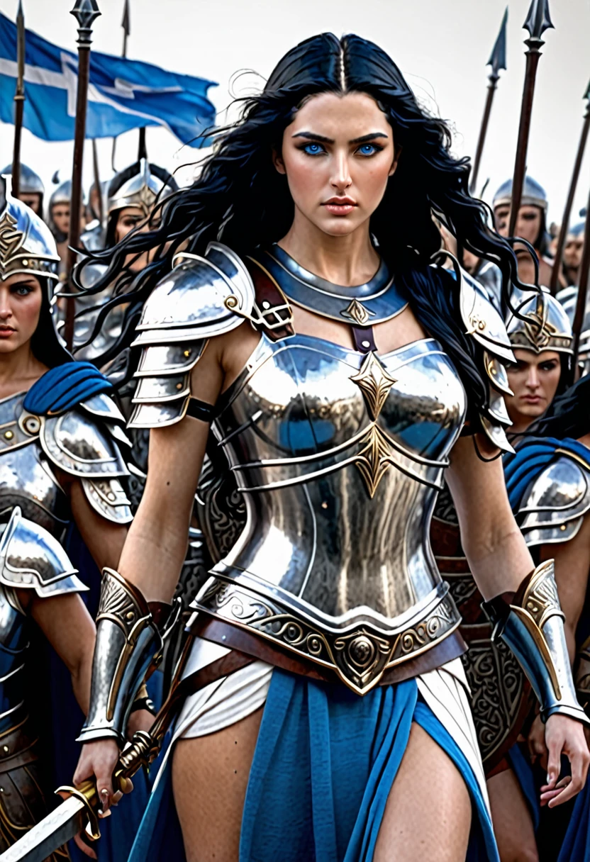 Greek queen warrior with armor in the middle of a bunch of warriors blue eyes long black hair and wavy medium breasts and white