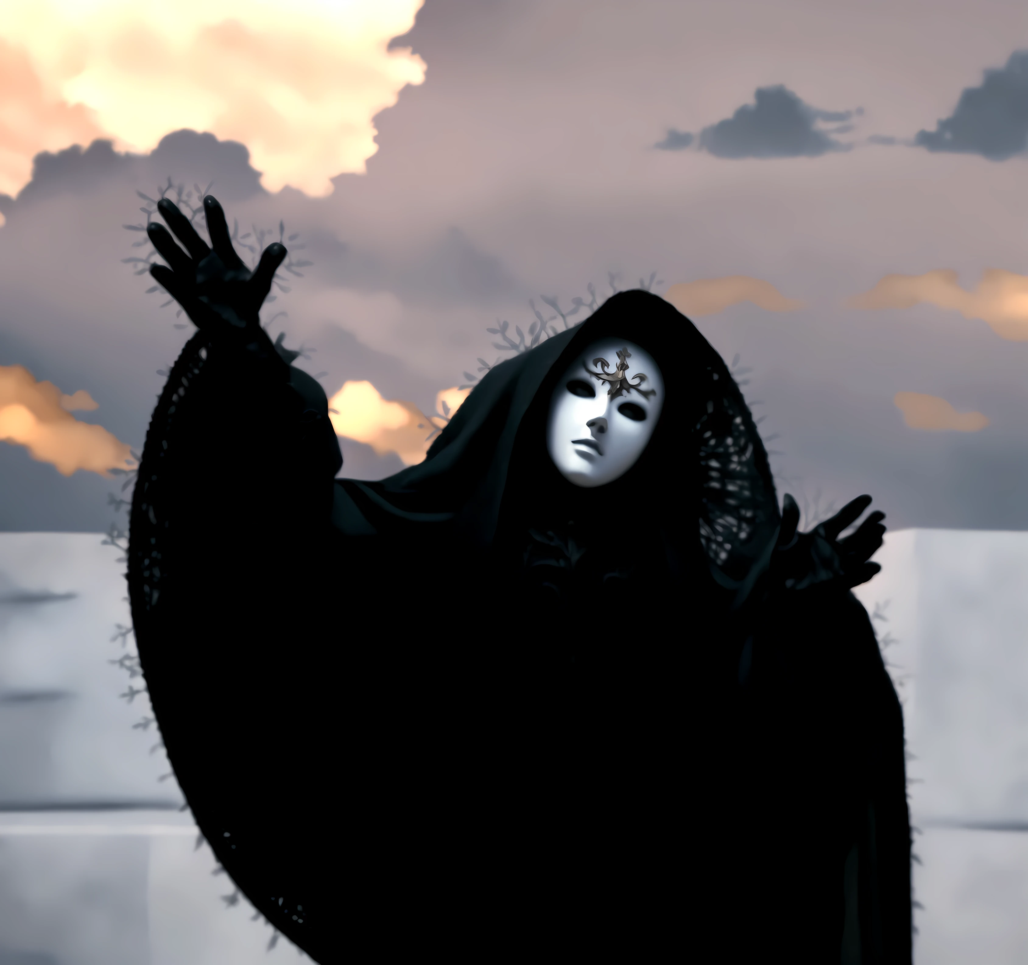 a whitte masked figure, dramatic dark clouds, moody atmospheric lighting, intricate ornamental details, highly detailed, 8k, photorealistic, dark fantasy, cinematic, chiaroscuro lighting, dramatic shadows, golden accents, ominous atmosphere, striking contrast, muted color palette