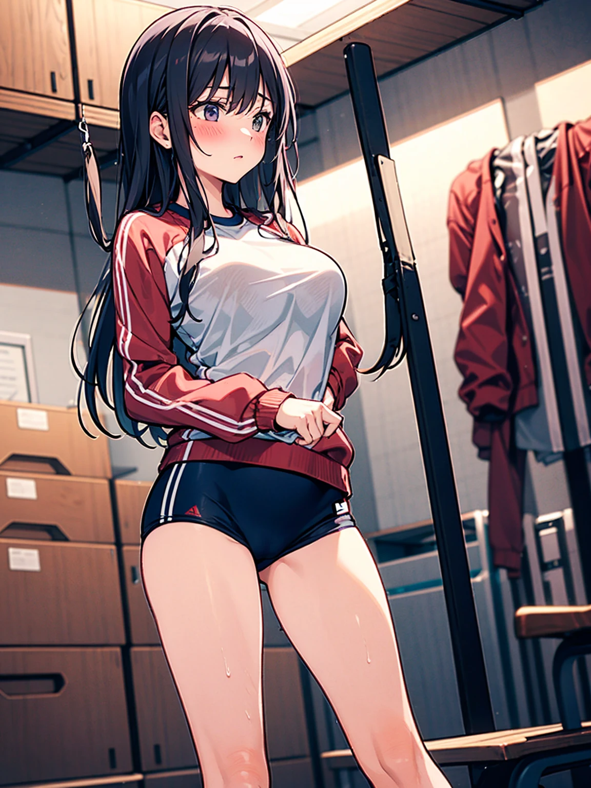 An exhibitionist woman takes off her long-sleeved jersey in the gym storage room, blush