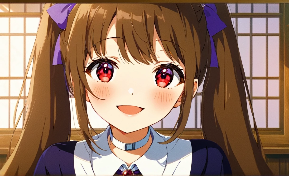 Anime Style, Aesthetic style, One girl, alone, smile, View your viewers, blush, Red eyes, Twin tails, Brown Hair, Hair Ribbon, Purple ribbon, Mouth closed, Long Hair, Portraiture, Detachable collar, indoor, brooch, white collar, Hair Ring, Upper Body, Anime Screen Capture, indoor