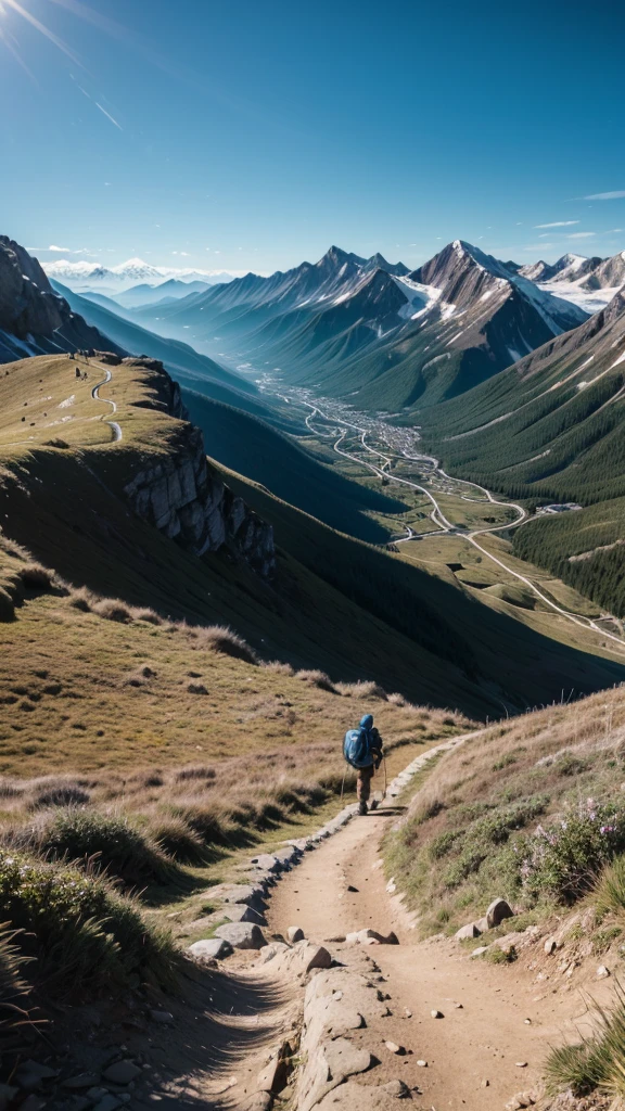 Mountainous landscape with a lonely hiker: A small figure at the base of a large mountain, with a clear path and a clear sky. Epic composition with extensive use of depth of field.