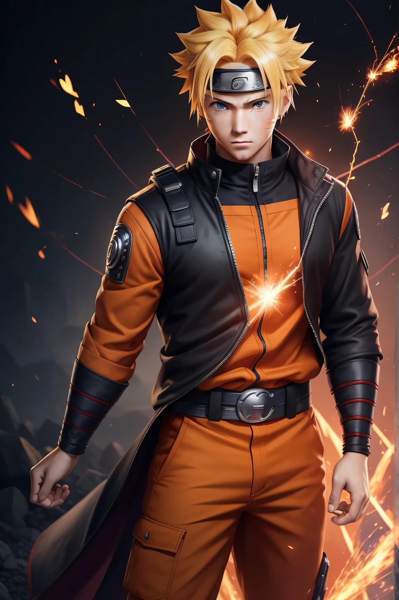 Hot profile picture, masterpiece, extremely accurate rendering, cool handsome Naruto, blond hair, looking at viewer, solo, reliable, savior of the world, simple design, beautiful image best, 8K, light red eyes, original orange clothing style according to the characters in the story, reflecting the red and purple sparks on the chest.
