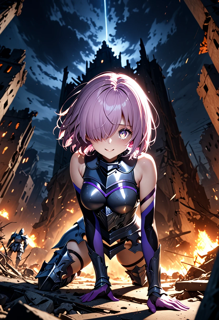 (masterpiece, top quality, best quality, beautiful and aesthetic:1.2), full body, SFW, extremely detailed, detailed face and eyes, detailed hands, cinematic light, depth of field, 1girl, seducing smile, solo, official, (full armored knight:1.4), dark armor, mash kyrielight, light purple hair, short hair, hair over one eye, slim body, cinematic lighting, dramatic lighting, dramatic atmosphere, hyper-realistic, high resolution, stunning contrast, high quality, best quality, 8k, 4k, intricately detailed, (amazing details:1.2), highly detailed skin, powerful presence, vibrant colors, (detailed eyes:1.2), striking eyes, (detailed background), (warzone on background, night, ruins), (dynamic angle:1.2), (dynamic pose:1.2)