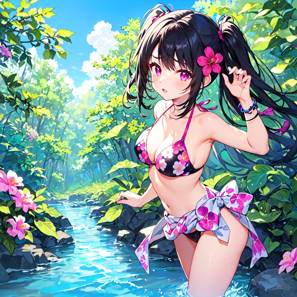 masterpiece, best quality, high quality, extremely detailed, very delicate and beautiful, (1 female 18 years old solo:1.3), (long black hair up to waist with two side up:1.4), bangs to eyebrows, eyes (eyes sharp, strong glossy glossy eyes, eyebrows glossy, (eye color magenta:1.3), 6.5 head height, (bikini swimsuit with summer flower print:1.3), (standing), (dynamic pose), (background summer river and forest:1.3), (blue sky)
