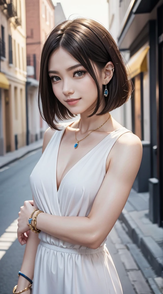 26 year old white woman、Hair is brunette、Eye color is blue、Short Bob、Slender but well-proportioned muscular body、accessories on the wrist、setting hair、a smile、I'm so excited、Wearing a halter/keyhole/neck dress、I'm wearing sandals