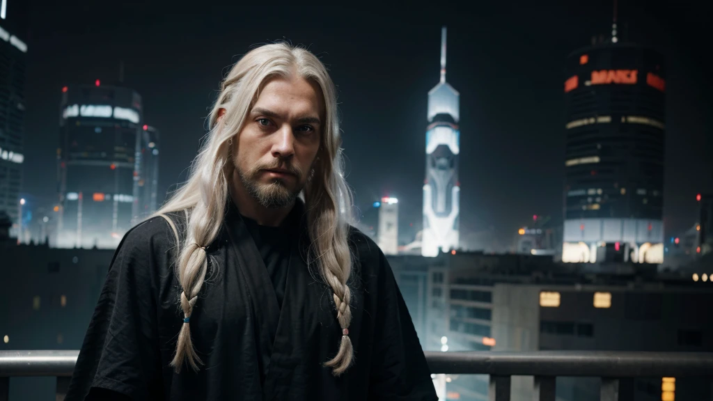 Man with long white hair and beard, dressed in a black tunic, Jedi style, Star Wars art, (looking at the camera, from the front) with a futuristic cyberpunk city in the background, lighting, intricate colors, very detailed image, hd, 4k, masterpiece, hyper realistic