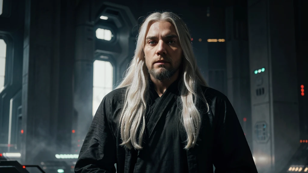 Man with long white hair and beard, dressed in a black tunic, Jedi style, Star Wars art, (looking at the camera, from the front) with a futuristic cyberpunk city in the background, lighting, intricate colors, very detailed image, hd, 4k, masterpiece, hyper realistic