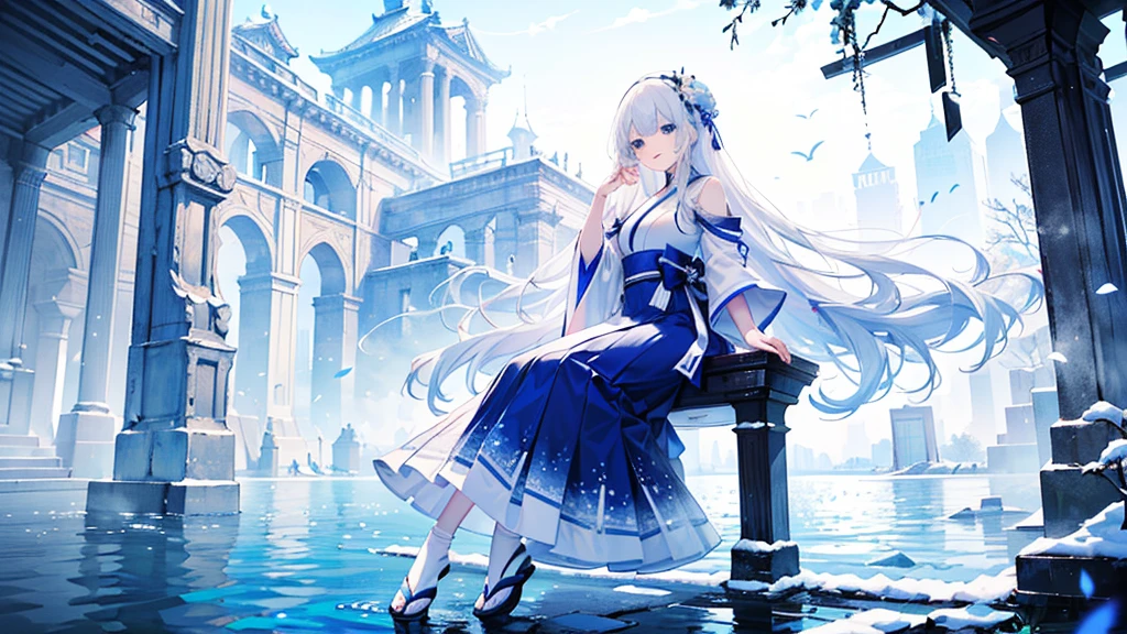 ((best quality,masterpiece,Extremely complex and exquisite details,There is only one beautiful girl with long white straight hair and blue eyes,Smile,long skirt)),(Exquisite light blue and white Japanese clothing,Beautiful bright and exquisite snow white ancient style high transparent architectural background),(correct anatomy,exquisite face),(touch flowers,Snow,Falling Flowers,Majestic and elegant outdoors),((Long-distance full body picture of a single person,Sitting by the lake))