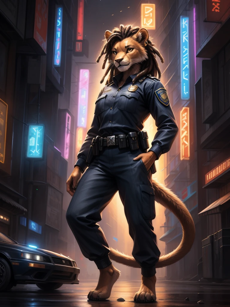 a female lion in full growth, brown fur, light brown eyes, medium length black dreadlock hair with decoration of animal teeth, metal ring on tail, metallic beads and hoop earrings in the ears, going through night city, wearing police uniform without footwear, highly detailed police uniform, detailed cyberpunk city, neon lights, dark moody lighting, cinematic, dramatic, best quality, 4k, 8k, highres, masterpiece, ultra-detailed, realistic, photorealistic, photo-realistic, by kenket, by totesfleisch8, by thebigslick, by silverfox5213, by syuro, police officer