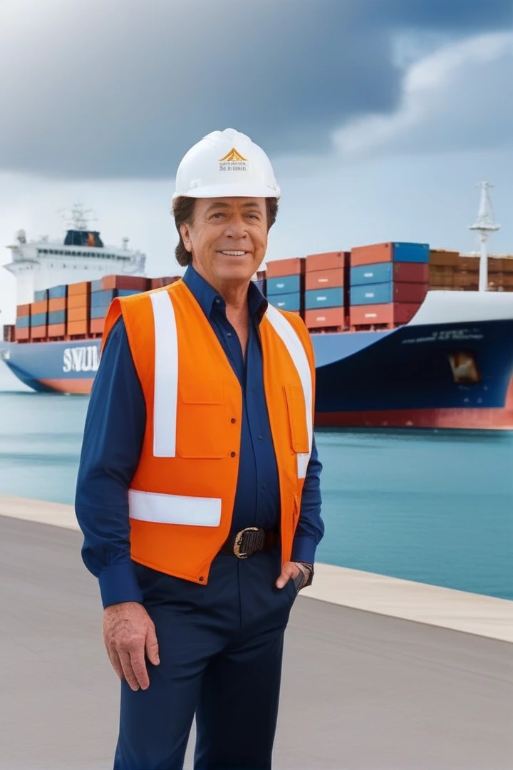 Arafed man with safety vest standing in front of a large ship, Silvio Santos, serious business, Official photo, corporate photo, rude ship captain, Promotional image, punishment, Looking confident, cocky smile, smug look, Lt. Derek Zabrocki, Promotional photo, Promotional portrait, photo the 2022, Promotional photo