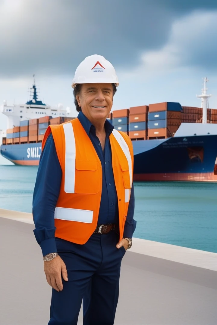 Arafed man with safety vest standing in front of a large ship, Silvio Santos, serious business, Official photo, corporate photo, rude ship captain, Promotional image, punishment, Looking confident, cocky smile, smug look, Lt. Derek Zabrocki, Promotional photo, Promotional portrait, photo the 2022, Promotional photo